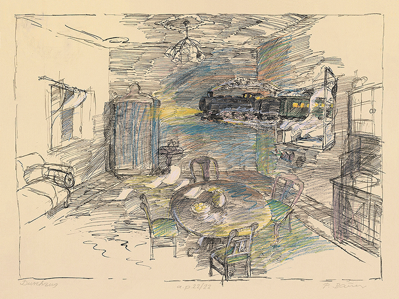 Fine-Art-Print von Peter Bauer -Durchzug- zeigt ein gewöhnliches Wohnzimmer mit Esstisch, Stühlen und Kronleuchter – durch das eine Dampflokomotive fährt