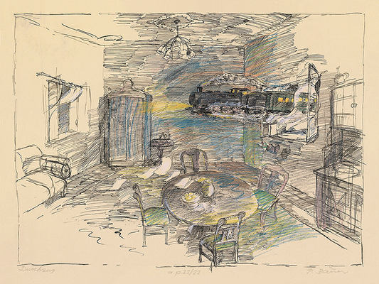 Fine-Art-Print von Peter Bauer -Durchzug- zeigt ein gewöhnliches Wohnzimmer mit Esstisch, Stühlen und Kronleuchter – durch das eine Dampflokomotive fährt
