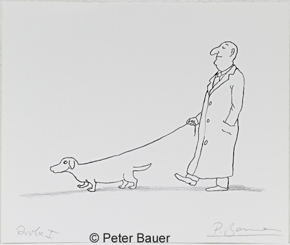 Fine-Art-Print von Peter Bauer -Hund Mann Leine- zeigt eine einfache Strichzeichnung mit Mann, der mit seinem Dackel spazieren geht. Der Rücken des Dackels wird malerisch zur Leine.