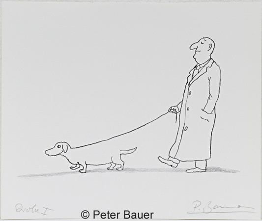 Fine-Art-Print von Peter Bauer -Hund Mann Leine- zeigt eine einfache Strichzeichnung mit Mann, der mit seinem Dackel spazieren geht. Der Rücken des Dackels wird malerisch zur Leine.