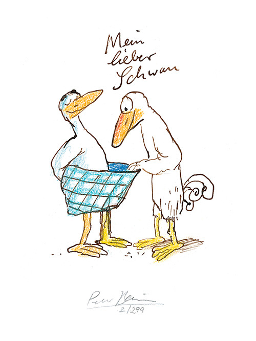 Der Fine-Art-Print von Peter Bauer: Mein lieber Schwan zeigt zwei Schwanenvögel -einer trägt stolz eine karierte Badehose, der andere blickt überrascht in die Hose des anderen.
