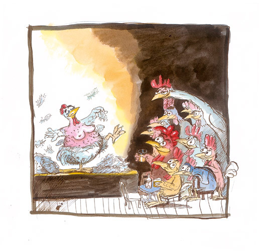 Giclee-Print von Peter Bauer, ein Huhn tanzt auf der Bühne und zieht sich die Federn aus, die Hähne staunen mit großen Augen.
