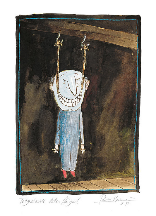 Fine-Art-Print von Peter Bauer: Totgelachte leben länger! zeigt eine Figur in blauem Overall, die an zwei Haken von der Decke hängt – mit breitem Grinsen im Gesicht.