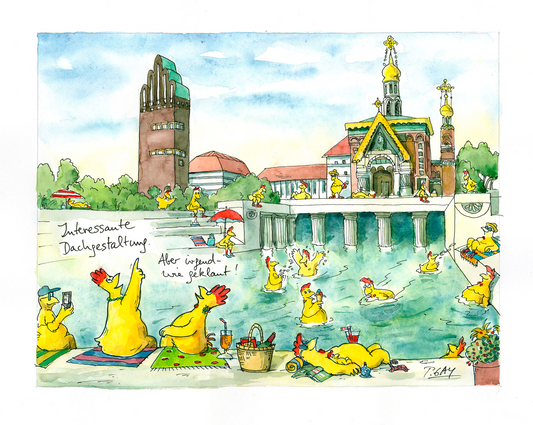 Pigmentdruck von Peter Gaymann - Das Albin-Müller-Becken auf der Mathildenhöhe ist voll mit planschenden gelben Hühnern. Im Hintergrund ist der Hochzeitsturm und die russische Kapelle.