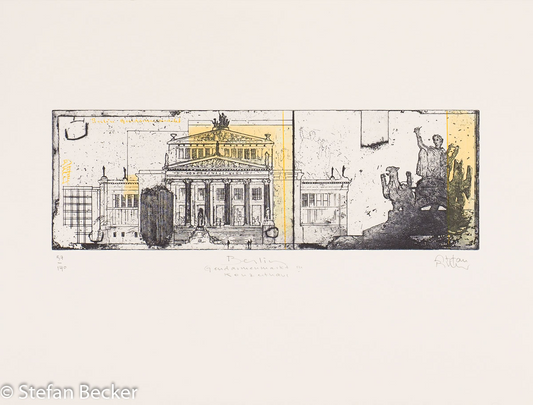 Radierung von Stefan Becker mit Konzerthaus am Gendarmenmarkt – Portikus, Säulen, Skulptur mit gelben Farbakzenten.