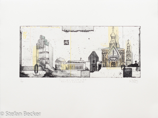 Radierung von Stefan Becker in schwarz-weiß mit feinen Goldakzenten, Ensemble aus Hochzeitsturm, Ausstellungsgebäude und der russisch-orthodoxen Kapelle.