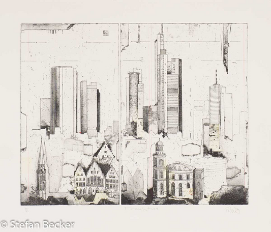 Radierung von Stefan Becker -Frankfurt- mit Skyline und historischen Gebäuden als schwarz-weiße Komposition.
