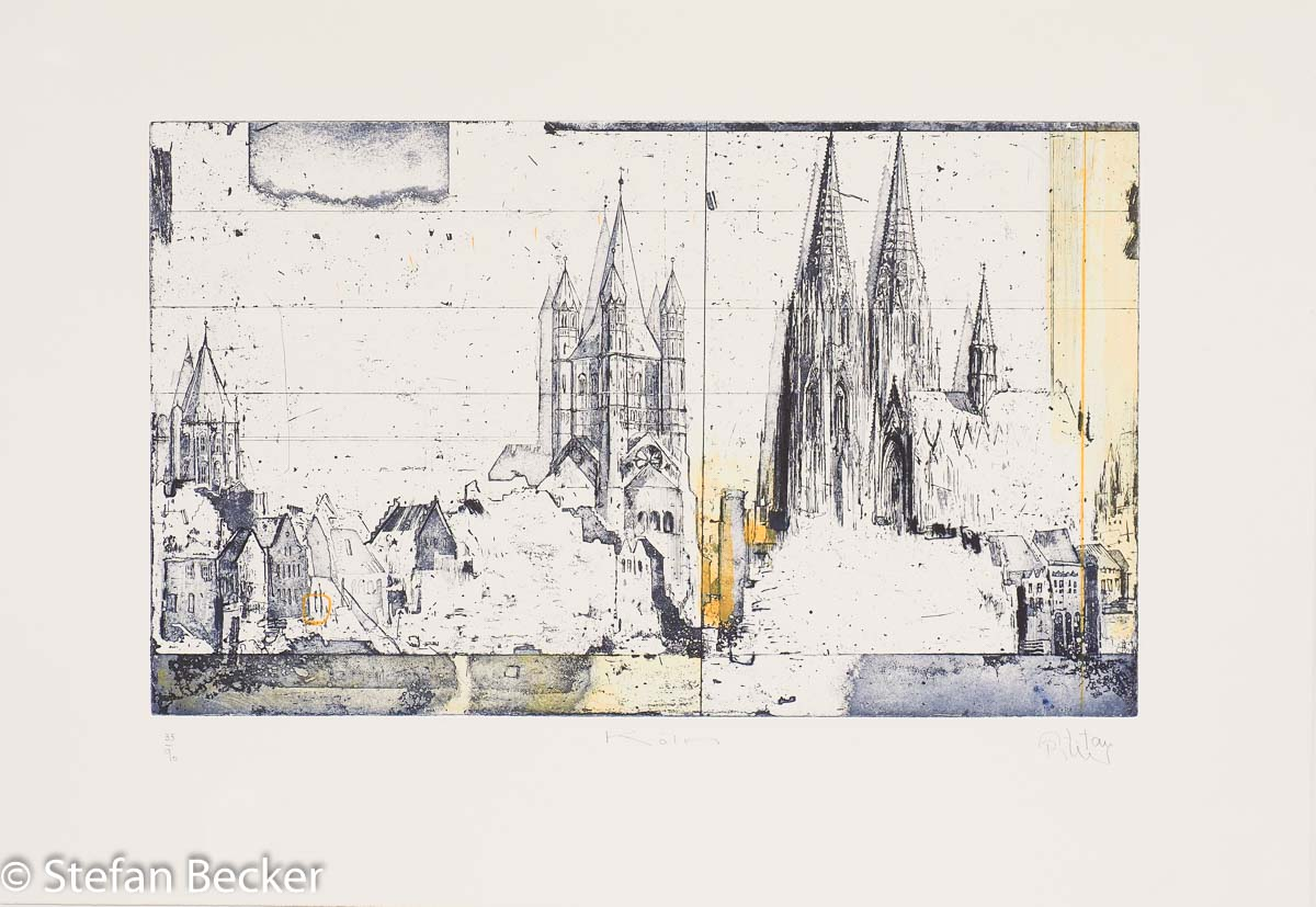 Radierung von Stefan Becker -Köln XI mit Dom umrahmt von weiteren Gebäuden.
