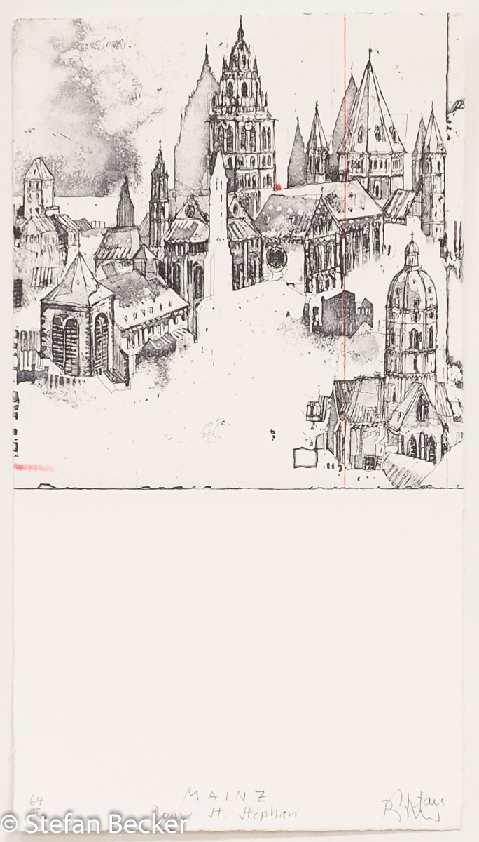 Radierung von Stefan Becker -Mainz Dom und St. Stephan- ist in feinen dunklen Linien gestaltet mit rotem Farbakzent, der untere Teil der Grafik ist unbedruckt.