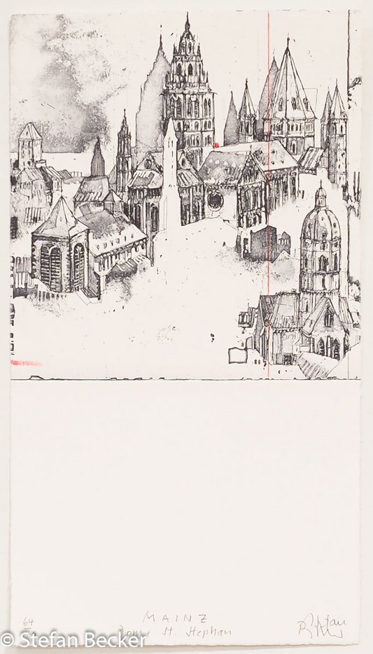 Radierung von Stefan Becker -Mainz Dom und St. Stephan- ist in feinen dunklen Linien gestaltet mit rotem Farbakzent, der untere Teil der Grafik ist unbedruckt.