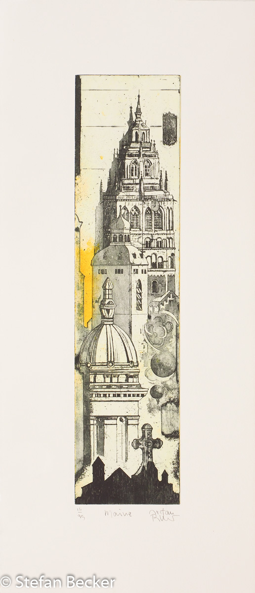 Radierung von Stefan Becker -Mainz- im Hochformat türmt sich Dom, Kuppel, Kreuz und Turm – zu einer modernen vertikalen Stadtkomposition.