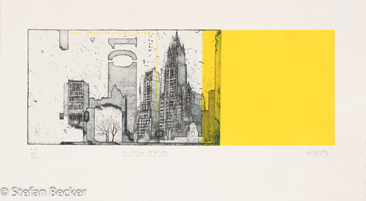 Querformatige schwarz-weiß Radierung -New York Manhatten No1- von Stefan Becker in modernem Stil mit gelben Farbakzent auf dem rechten Drittel.