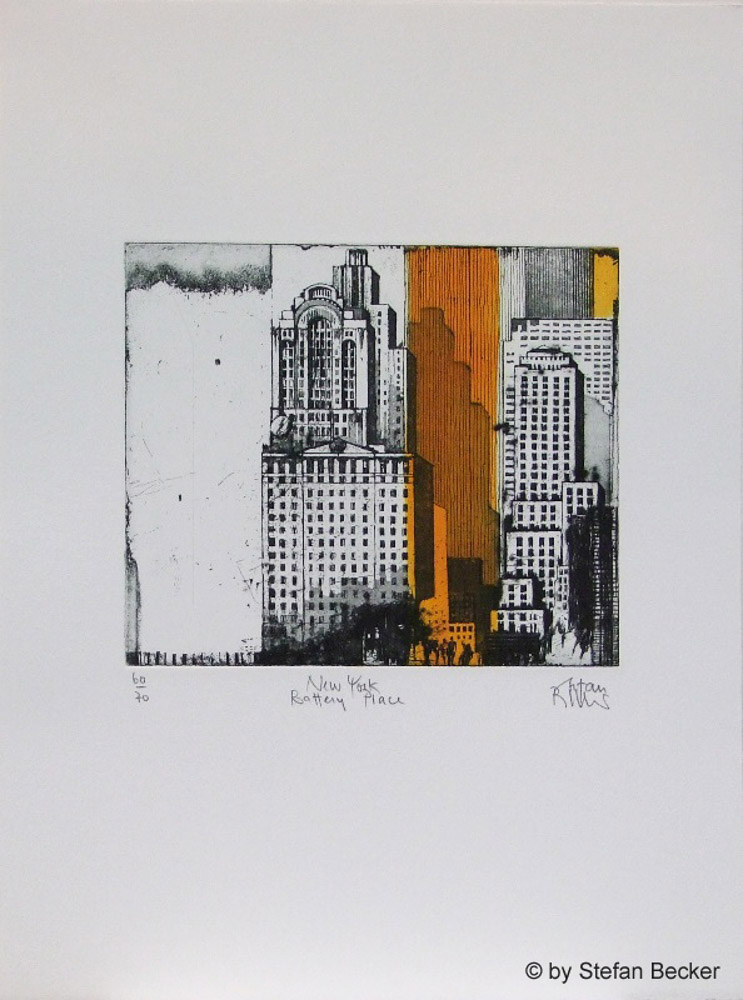 Radierung von Stefan Becker mit Standard Oil Building, flankiert von den Hochhäusern des Financial District in schwarz-weiß und orangenem Farbfeld.