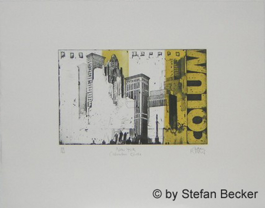 Schwarz-weiß-gelbe Radierung von Stefan Becker -Columbus Circle- mit angedeuteten Hochhäusern und Typografie am rechten Bildrand.