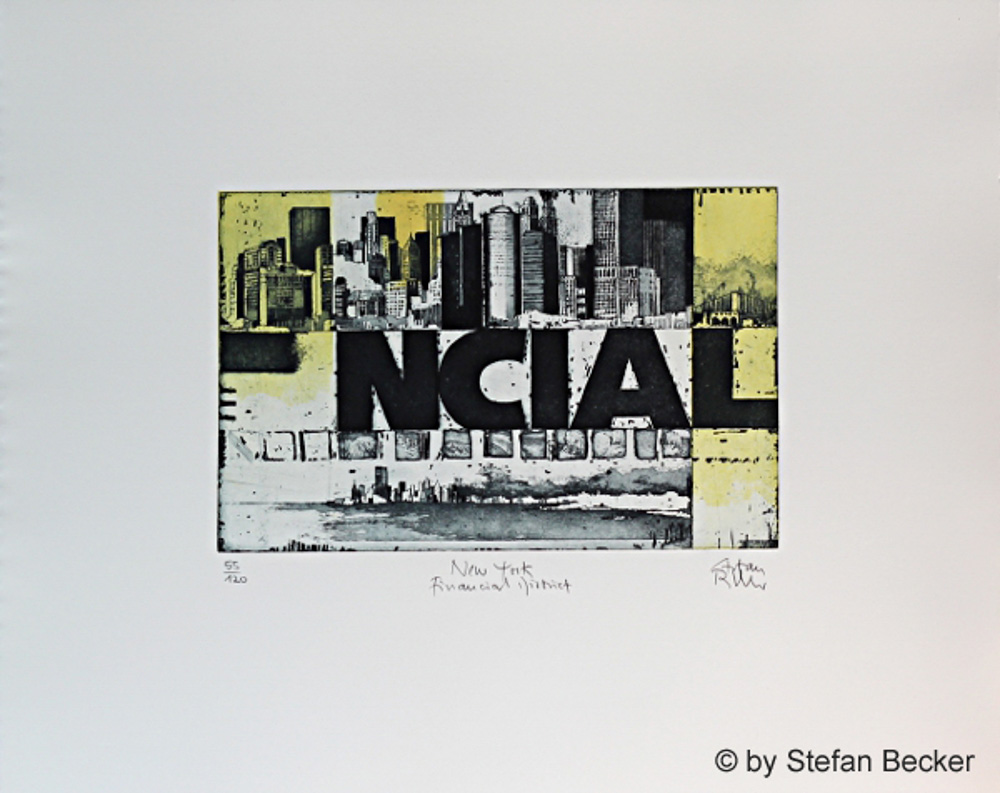 Radierung von Stefan Becker - Hochhäuser des Financial District wachsen aus einem Raster aus Gold und Schwarz, der East River schimmert im unteren Bildbereich.