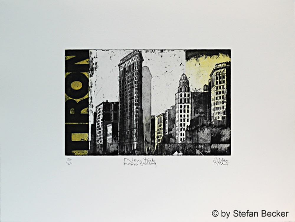 Radierung von Stefan Becker in Schwarz-Grau-Gelb -New York Flatiron Building- in moderner Umsetzung die Hochhäuser der Millionenstadt.