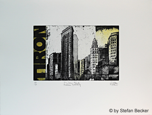 Radierung von Stefan Becker in Schwarz-Grau-Gelb -New York Flatiron Building- in moderner Umsetzung die Hochhäuser der Millionenstadt.