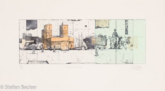 Radierung von Stefan Becker -Oslo- Hafen, Rathaus, Masten und Skulpturen – verdichtet in einem querformatigen, modernen Panorama.