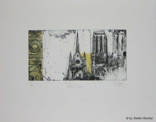 Radierun von Stefan Becker -Paris Notre Dame- Architekturzeichnung mit typografischem Element zeigt die Westfassade der Kathedrale.