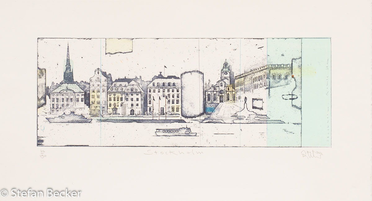 Stockholms historische Altstadt auf der Insel Stadsholmen als Radierung von Stefan Becker mit Uferpromenade und den charakteristischen Fassaden.