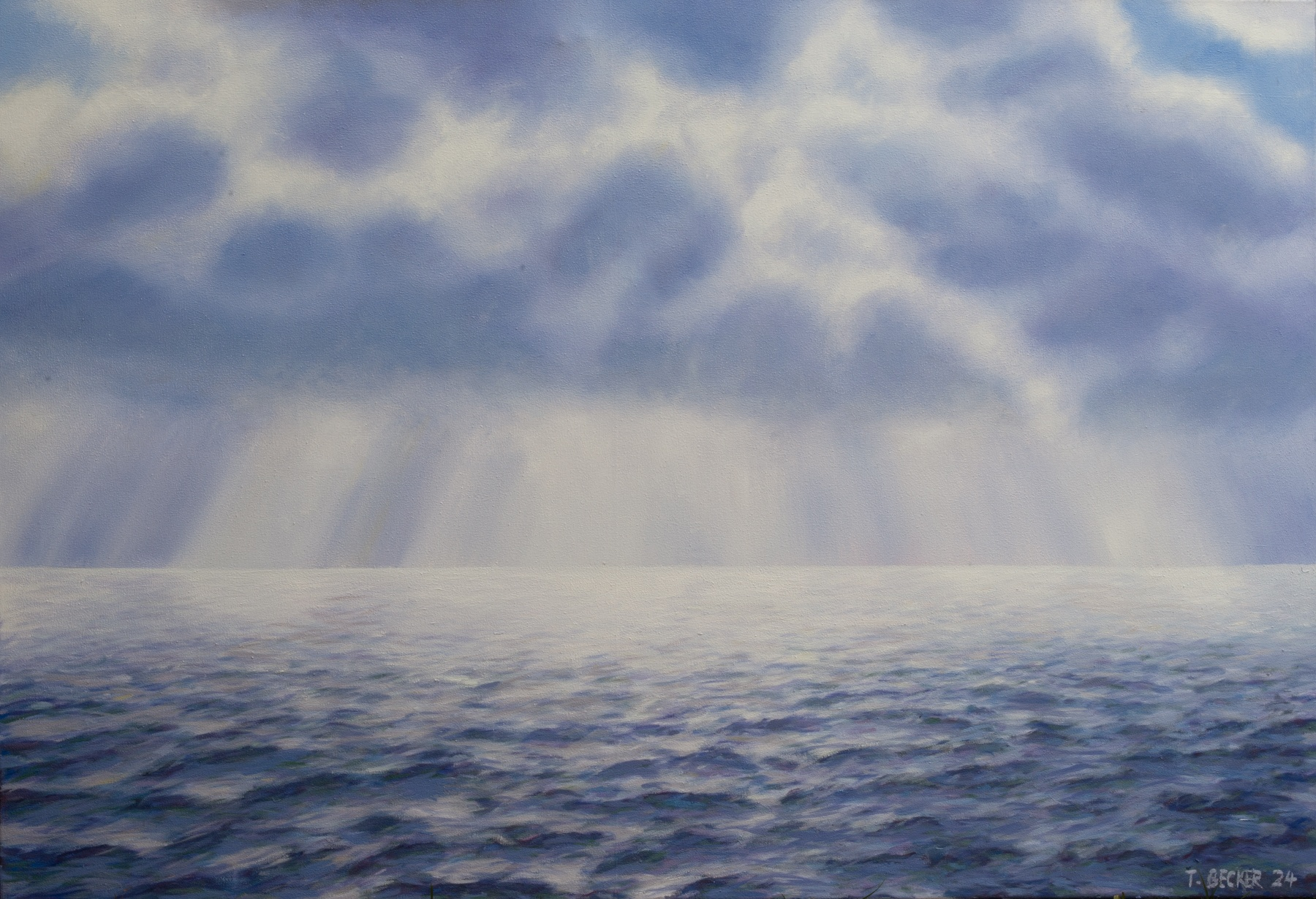 Gemälde von Thomas Becker - Lichtstrahlen brechen durch eine bewegte Wolkendecke und fallen auf eine leicht geräuschte Meeresoberfläche.