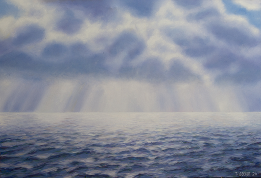 Gemälde von Thomas Becker - Lichtstrahlen brechen durch eine bewegte Wolkendecke und fallen auf eine leicht geräuschte Meeresoberfläche.
