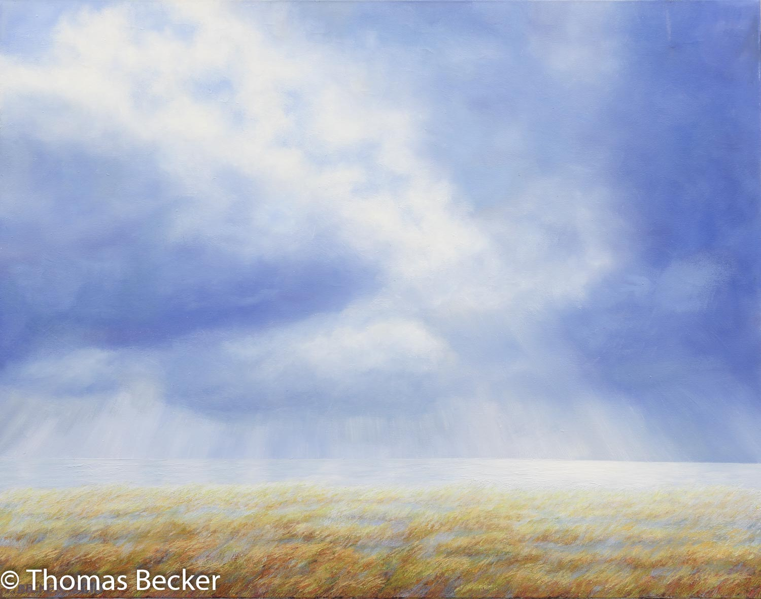 Gemälde von Thomas Becker mit zweidrittel Himmel und eindrittel Dünen mit etwas Meer dazwischen.