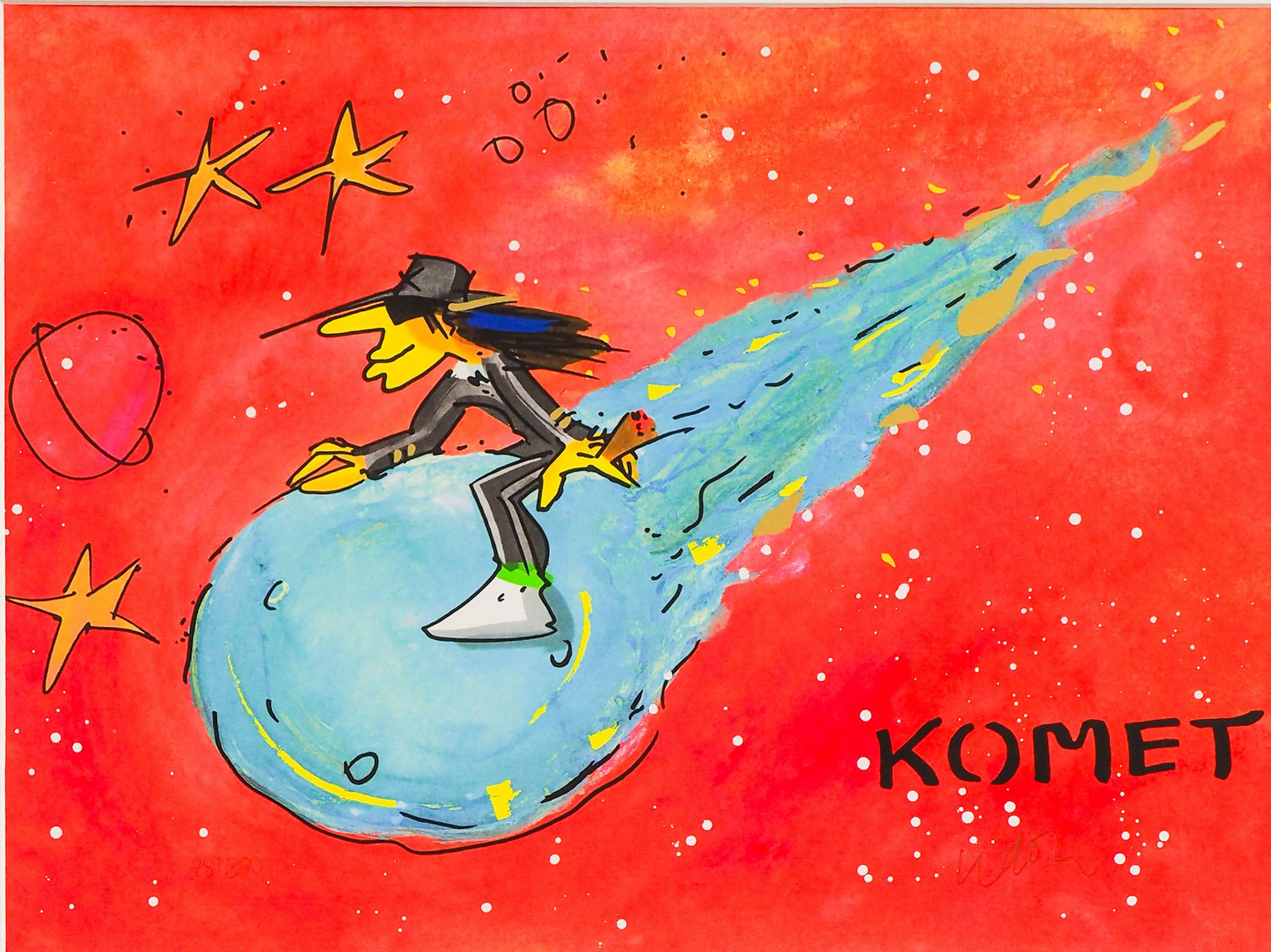 Serigrafie von Udo Lindenberg -Komet- Udo Lindenberg reitet auf einem leuchtend blauen Kometen durch ein feuerrotes Weltall – Hut auf dem Kopf,Sterne ringsum.