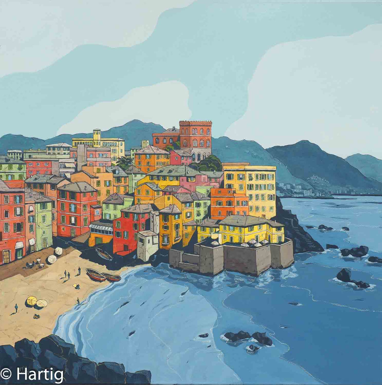 Gemälde von Ulrich Hartig -Boccadasse- dicht gestaffelte Gebäude in Rot, Orange, Gelb und Grün drängen sich zwischen dem Hang und dem Meer  und im Vordergrund öffnet sich die Bucht mit hellen Sand und dem ruhigen Blau des Ligurischen Meeres.