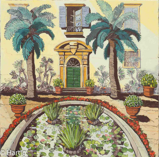 Gemälde von Ulrich Hartig -Isola Madre- gelbe Fassade des Palazzo mit seinem klassizistischen Portal, flankiert von zwei mächtigen Palmen, im Vordergrund ein ovales Wasserbecken mit Seerosen umrahmt von roten Blumen.