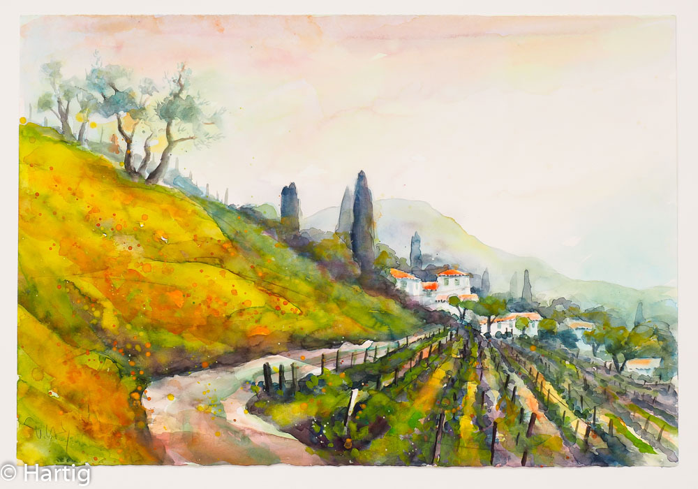 Aquarell von Ulrich Hartig - Provezze Franciacorta- ein Feldweg, der sich durch herbstlich gefärbte Weinreihen zieht, flankiert von Zypressen und einem Gutshof mit roten Ziegeldächern